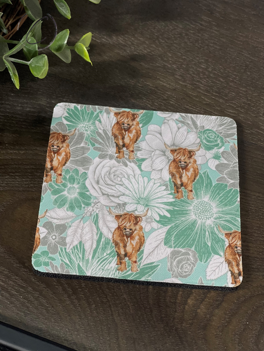 Teal Floral Highland Cow Home Coaster Set