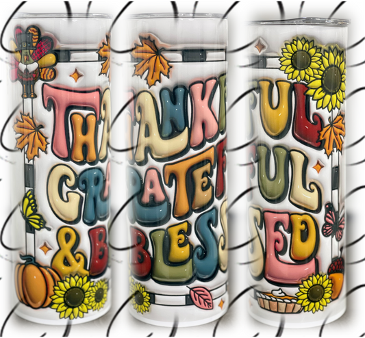 Thankful, Grateful & Blessed Inflated 20oz Skinny Tumbler