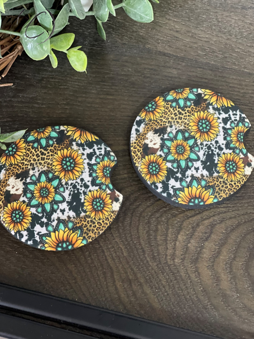 Turquoise Sunflower Neoprene Car Coaster Set