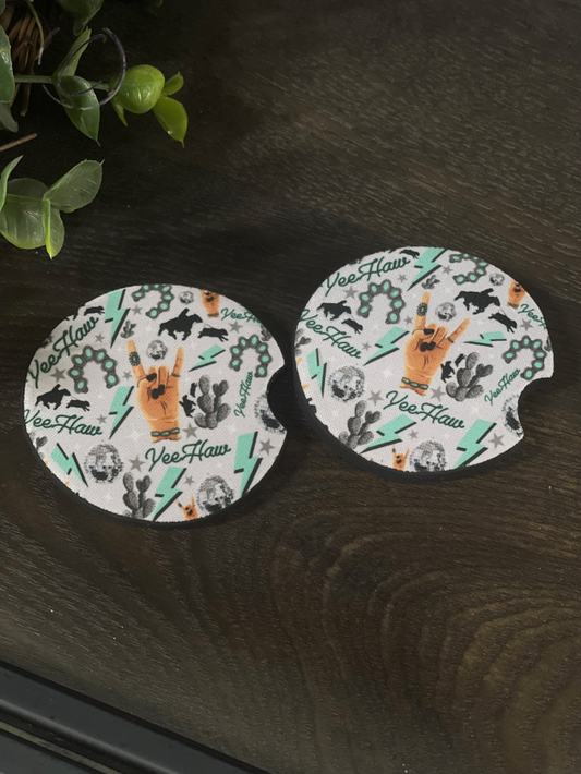 Turquoise Yeehaw Car Coaster Set