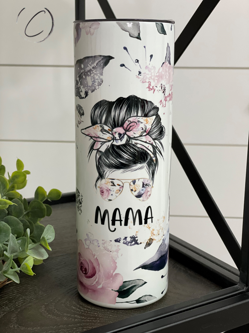 Floral Mama Messy Bun 20oz UV Blue Skinny Tumbler