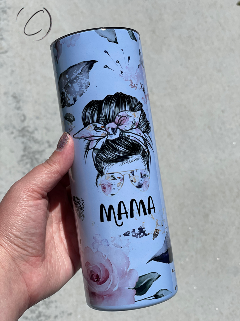 Floral Mama Messy Bun 20oz UV Blue Skinny Tumbler