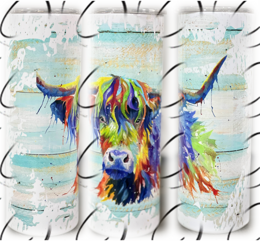 Vibrant Watercolor Highland Cow 20oz Skinny Tumbler