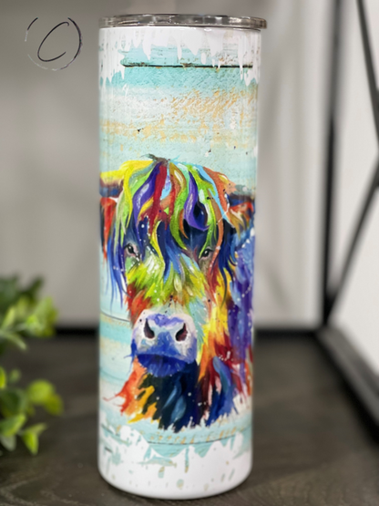 Vibrant Watercolor Highland Cow 20oz Skinny Tumbler