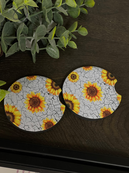 Watercolor Crackle Sunflowers Car Coaster Set