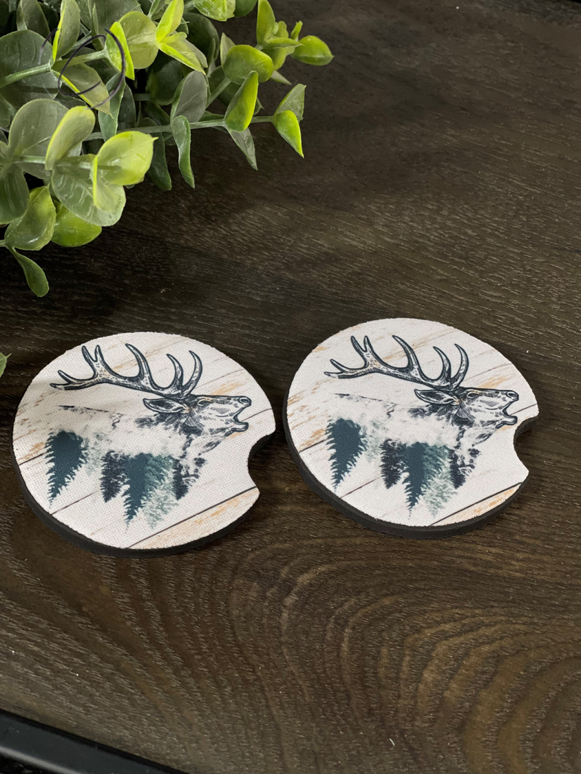 White Weathered Wood Elk Car Coaster Set