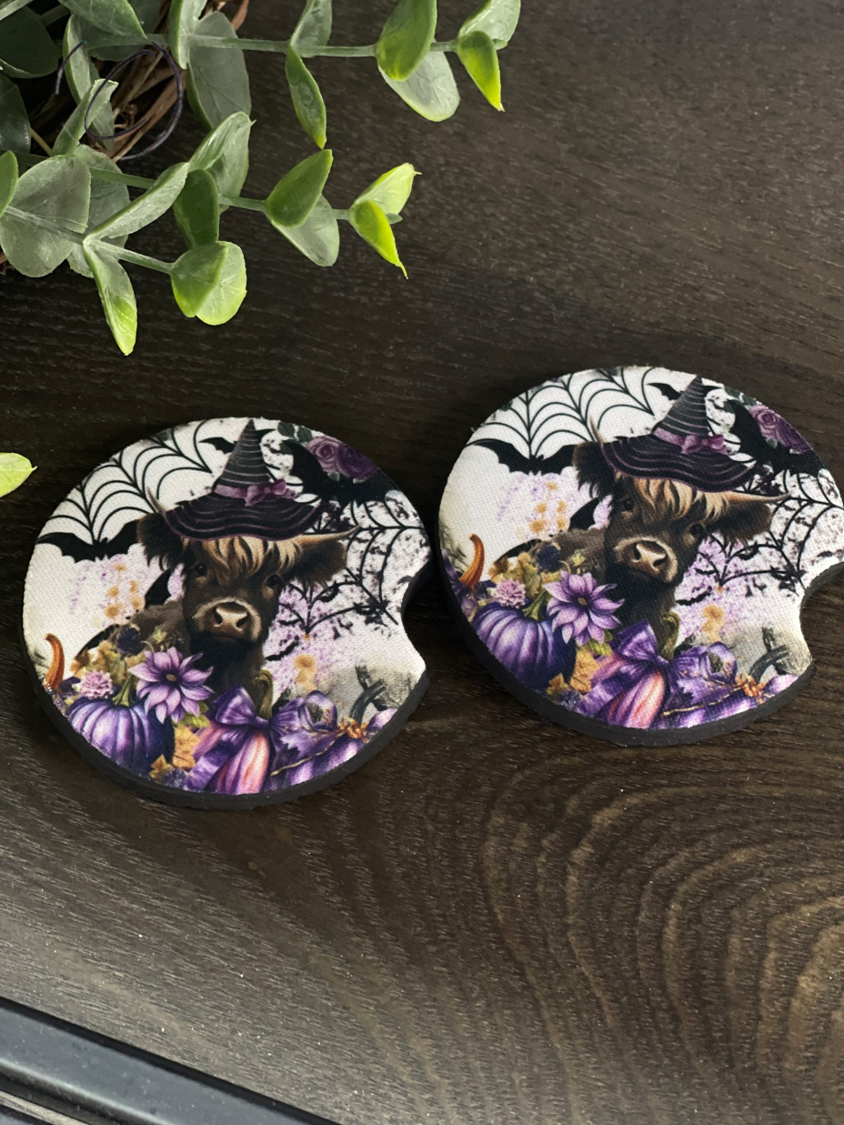 Witchy Highland Cow Car Coaster Set