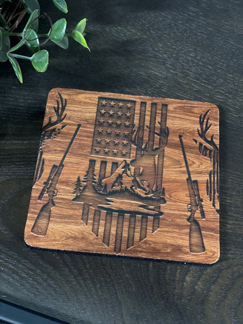 Wood Grain Deer Hunter Home Coaster Set