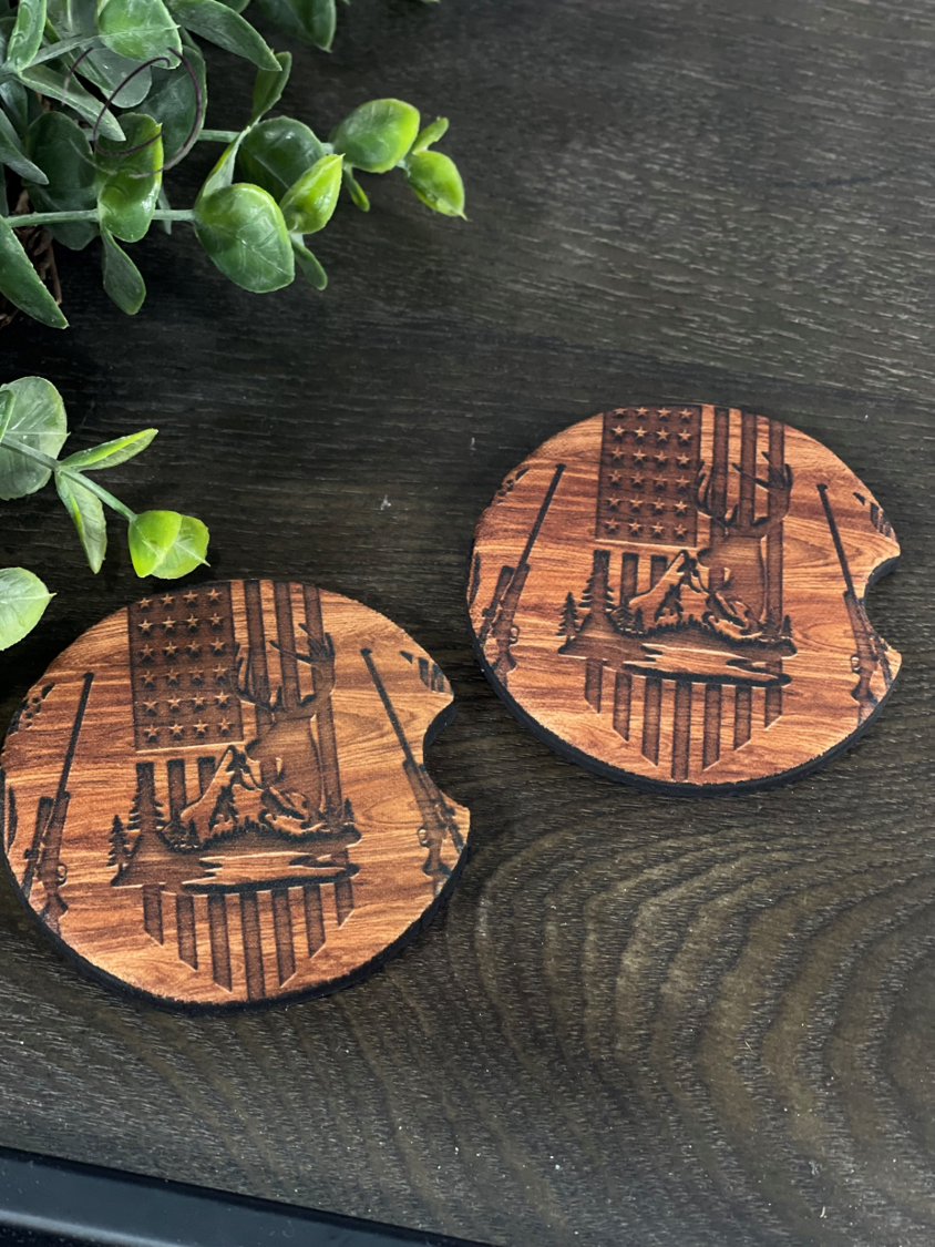 Wood Grain Deer Hunter Car Coaster Set