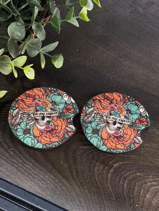 You Are Enough Floral Skull Car Coaster Set