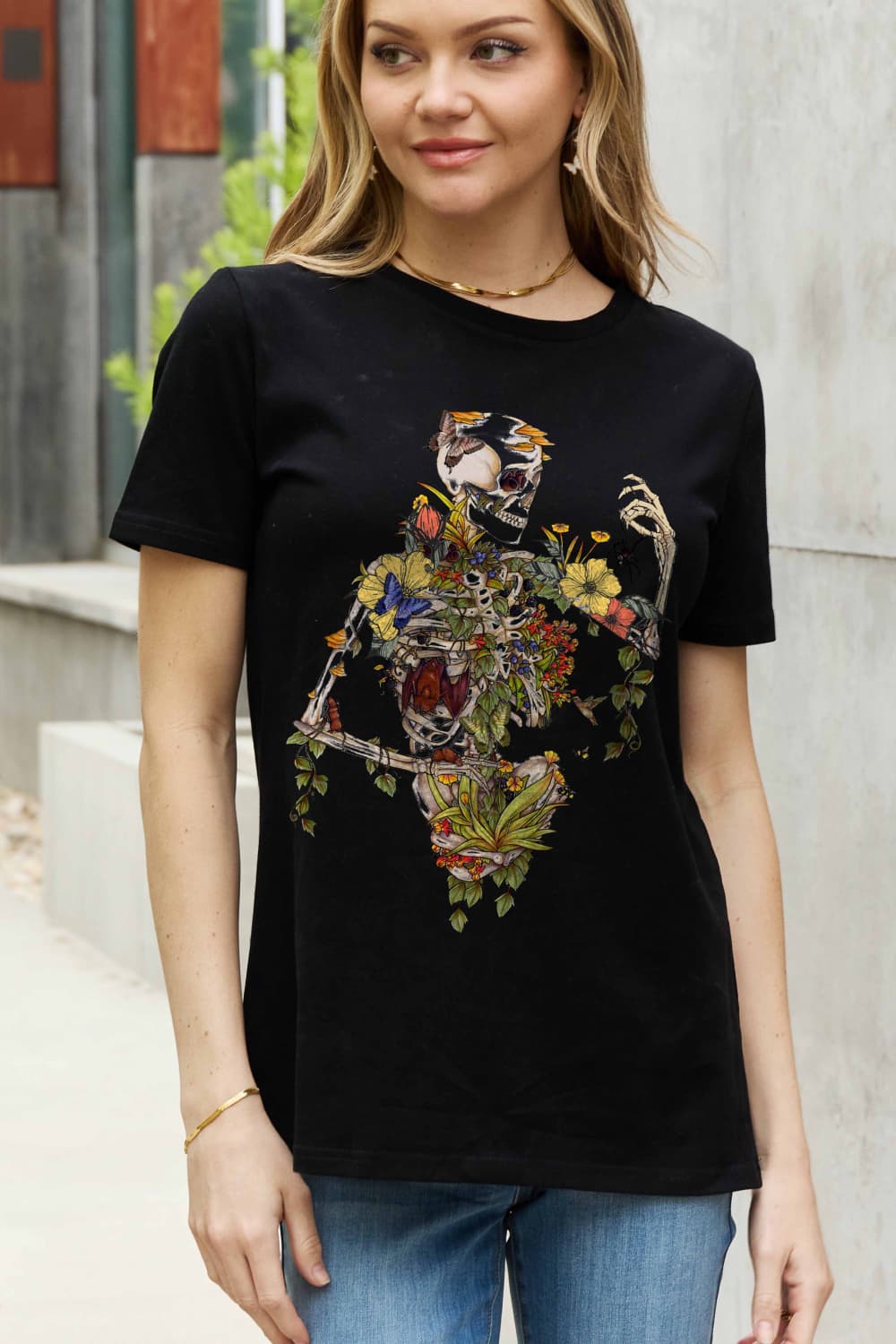 Floral Skeleton Graphic Cotton T-shirt