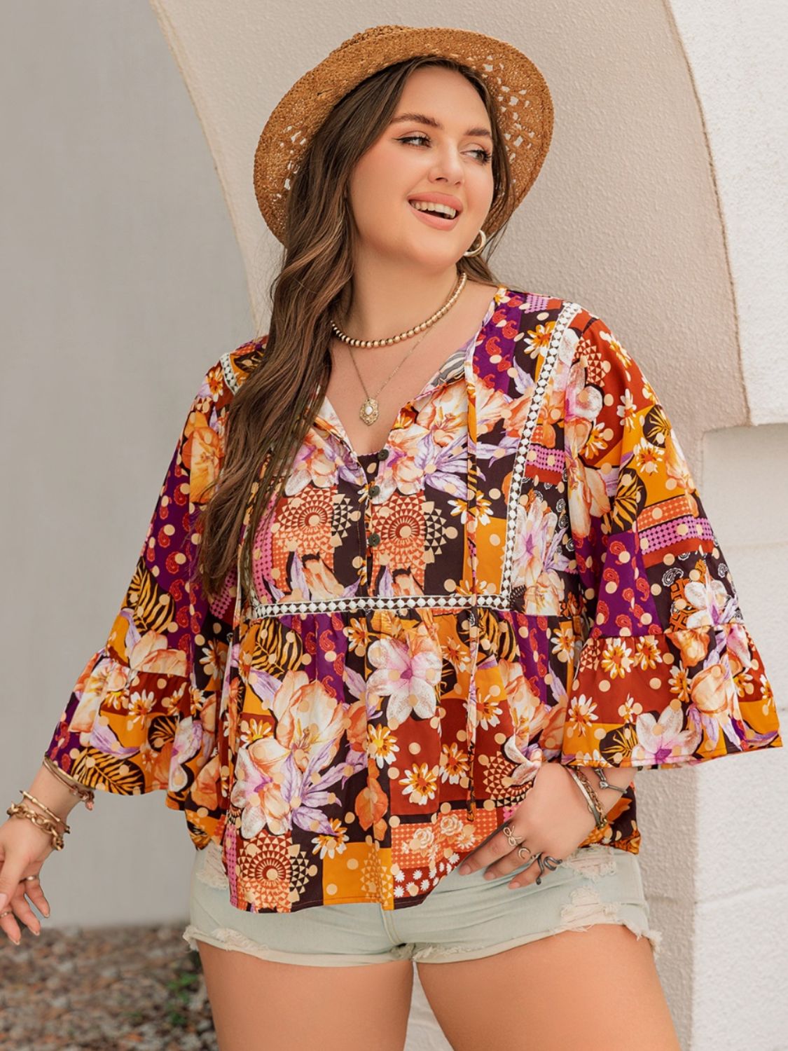 Plus Size Fall Printed Tie Neck Blouse