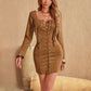 Fringe Lace Up Square Neck Long Sleeve Mini Dress