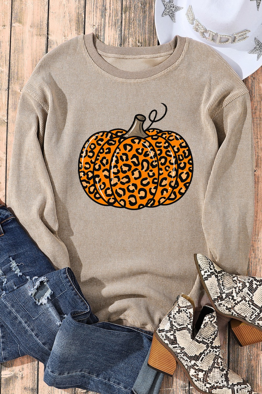 Leopard Print Pumpkin Round Neck Sweatshirt