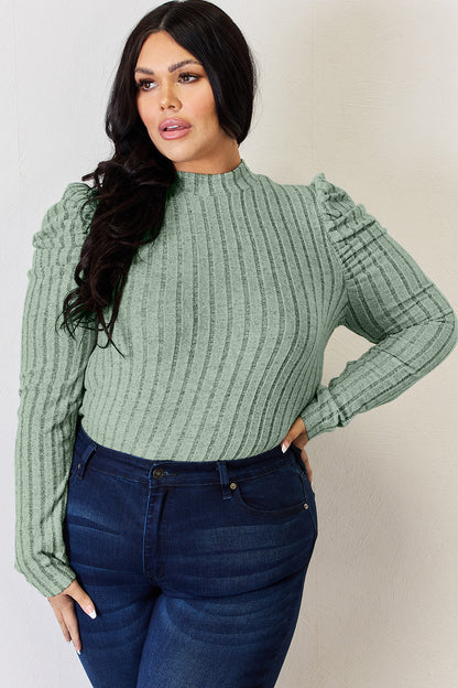 Full Size Ribbed Mock Neck Puff Sleeve T-Shirt