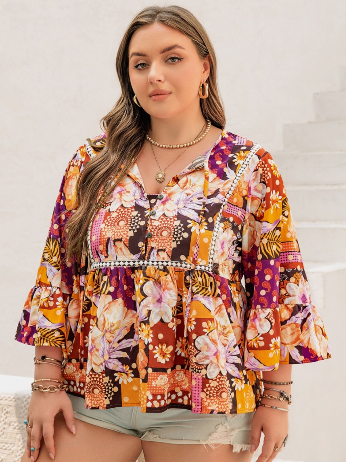 Plus Size Fall Printed Tie Neck Blouse