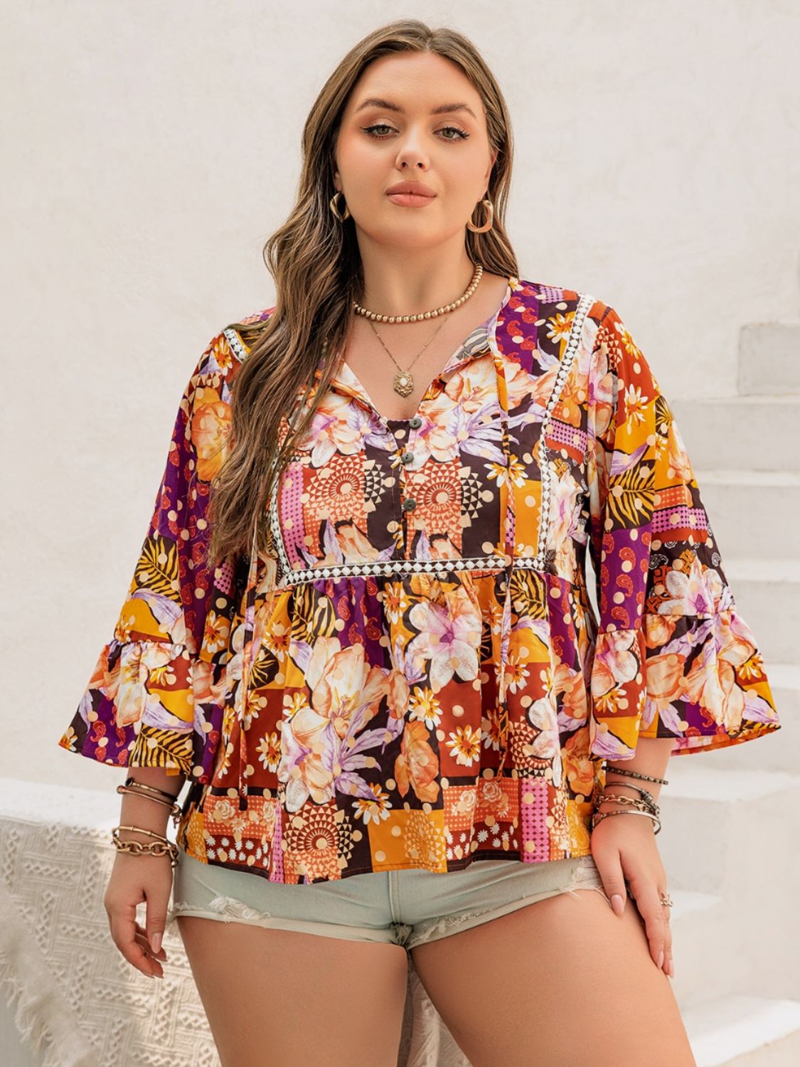 Plus Size Fall Printed Tie Neck Blouse