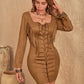 Fringe Lace Up Square Neck Long Sleeve Mini Dress