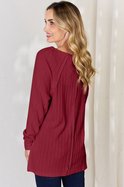 Full Size Ribbed Round Neck Slit T-Shirt