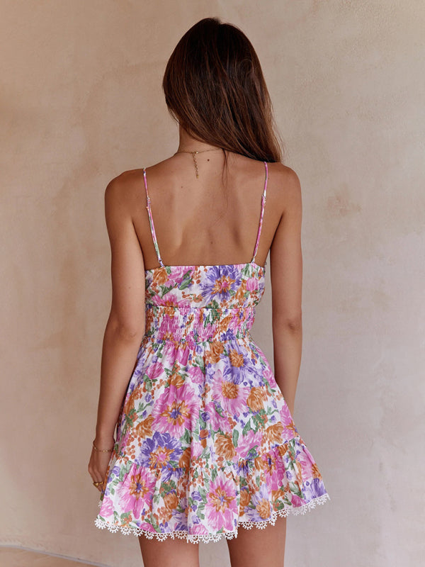 Floral Print Backless Waist Sling Dress