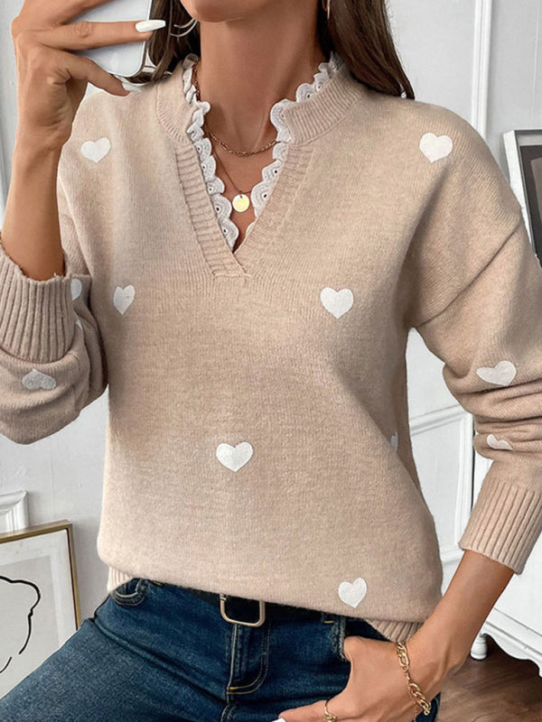 Heart Splicing Lace Pullover Sweater