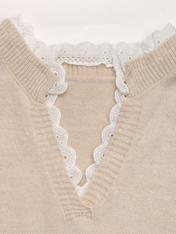 Heart Splicing Lace Pullover Sweater