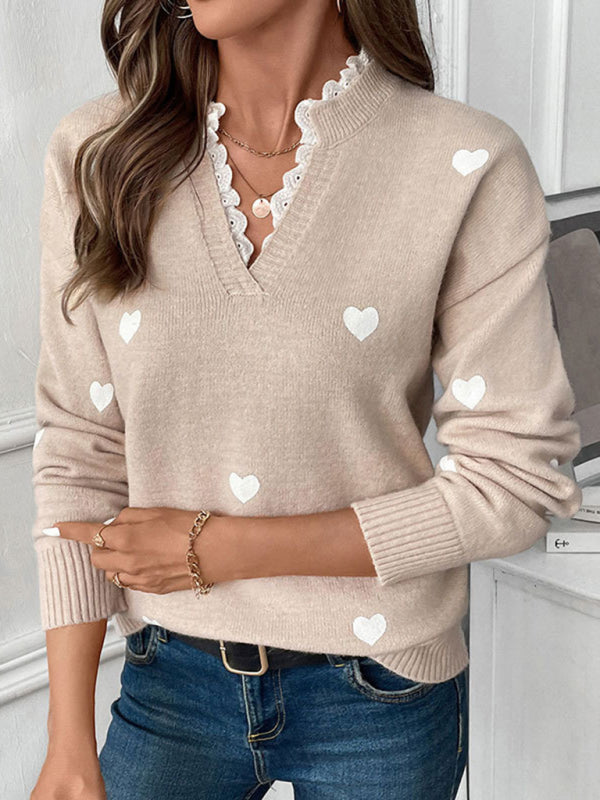 Heart Splicing Lace Pullover Sweater