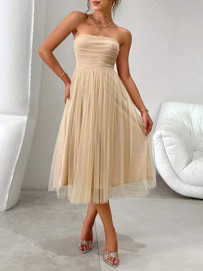 Strapless High Waist Mesh Midi Evening Dress