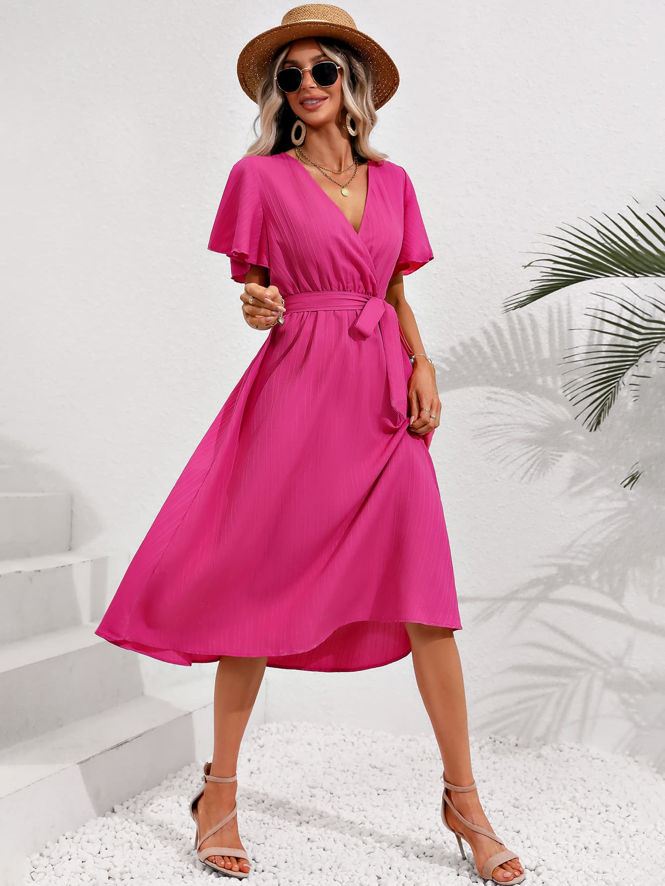 Surplice Necktie Belt Midi Dress