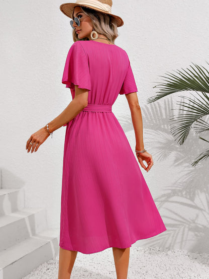 Surplice Necktie Belt Midi Dress