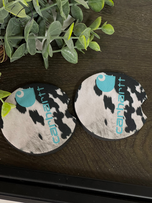 Teal Cowhide Carhartt Car Coaster Set