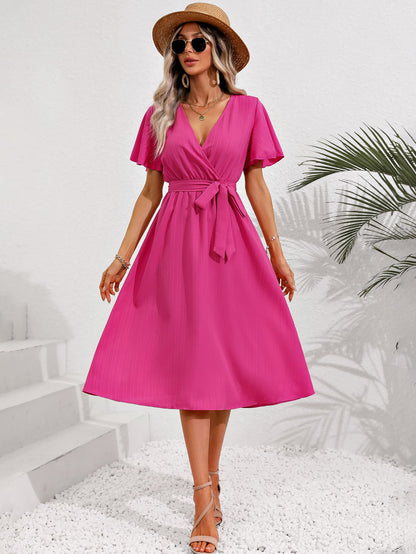 Surplice Necktie Belt Midi Dress