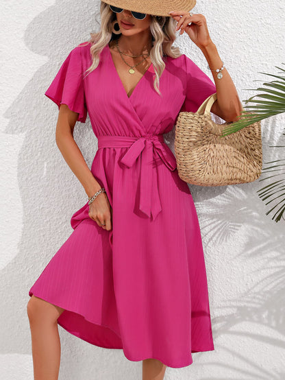 Surplice Necktie Belt Midi Dress